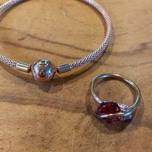 Pandora moments mesh bracelet with ring both metal rose gold plated